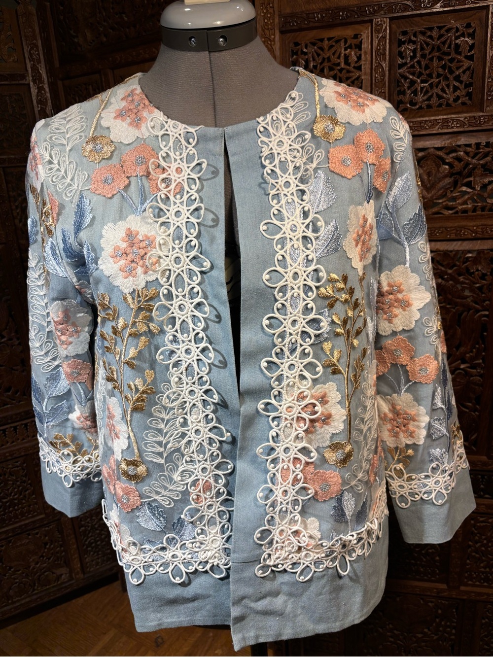 Embroidered Light Blue Floral Open-Front Jacket